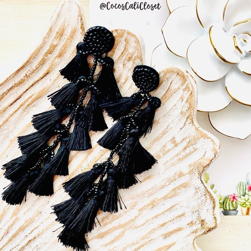 Boho Tiered Black Tassel Beaded Drop Earrings NWT